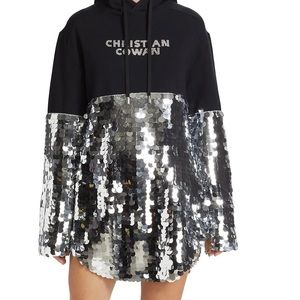 Christian Cowan Sequin mini black silver hoodie dress. Size 4